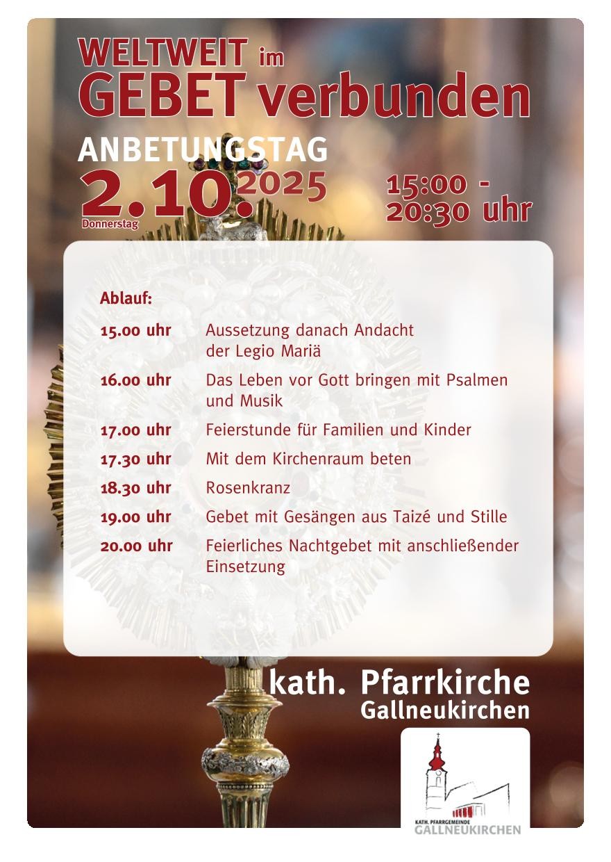 15:00 Uhr Aussetzung danach Andacht der Legio Mariä 16:00 Uhr Das Leben vor Gott bringen mit Psalmen und Musik 17:00 Uhr Feierstunde für Familien und Kinder 17:30 Uhr Mit dem Kirchenraum beten 18:30 Uhr Rosenkranz 19:00 Uhr Gebet mit Gesängen aus Tai